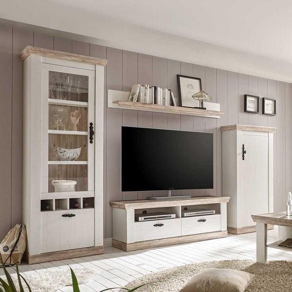 Skandinavische Wohnwand in Weiß Pinie LED Beleuchtung (vierteilig) günstig online kaufen