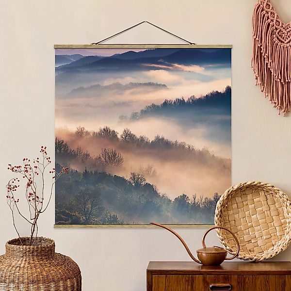 Stoffbild Wald mit Posterleisten - Quadrat Nebel bei Sonnenuntergang günstig online kaufen