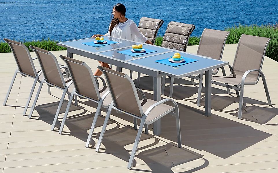 MERXX Garten-Essgruppe "Amalfi", (9 tlg., 8x Stapelsessel, 1x Tisch 100x180 günstig online kaufen