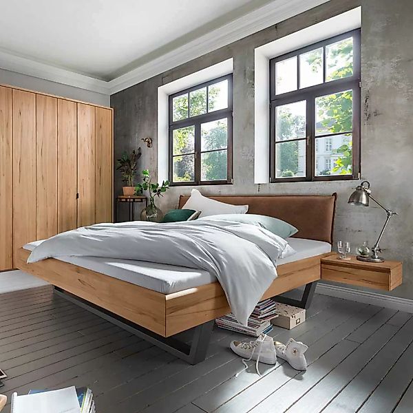 Bett Kombination aus Kernbuche Massivholz und Metall Industry Stil (dreitei günstig online kaufen