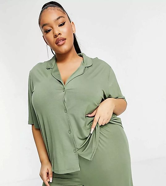 ASOS DESIGN Curve – Mix & Match – Weiches Pyjamahemd in Khaki-Grün günstig online kaufen