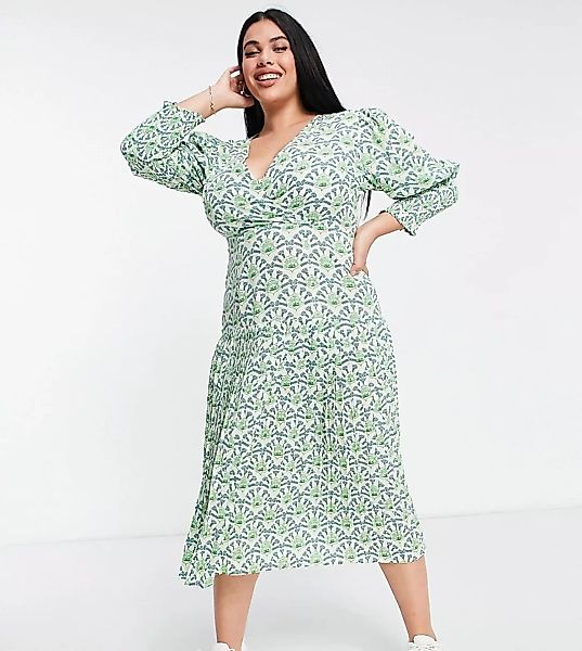 Never Fully Dressed Plus – Plissiertes Midaxikleid in Grün mit geometrische günstig online kaufen