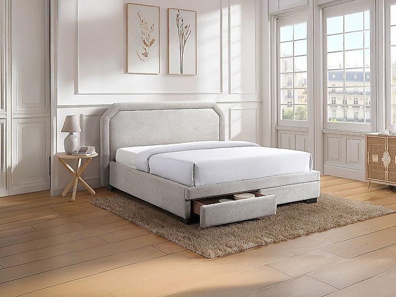 Bett mit Schubladen + Matratze - 140 x 190 cm - Stoff - Beige - INASTO günstig online kaufen