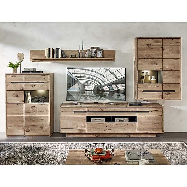 Wohnzimmerwand modern 4-teilig in Wildeichefarben LED Beleuchtung (vierteil günstig online kaufen