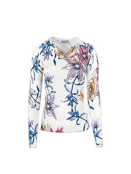 Passioni Strickpullover in weiß mit blauen Lillien und Glitzersteinen günstig online kaufen