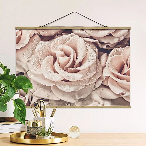 Stoffbild Blumen mit Posterleisten - Querformat Rosen Sepia mit Wassertropf günstig online kaufen