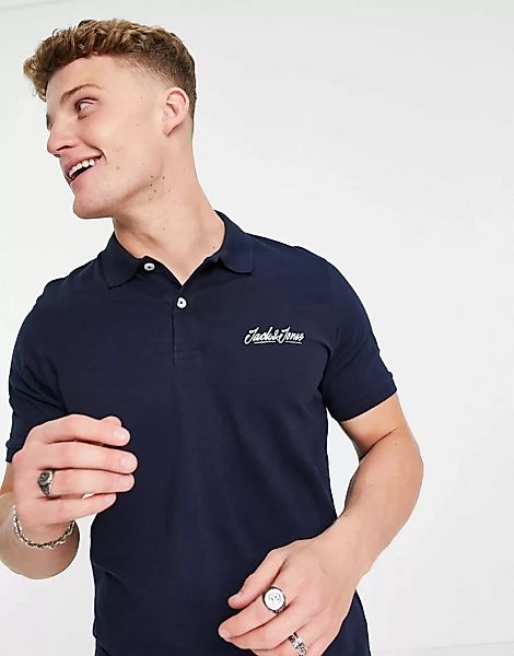 Jack & Jones – Polohemd mit Logoschriftzug in Marineblau günstig online kaufen