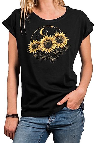 MAKAYA Kurzarmshirt Damen Blumenprint Sonnenblumen Mond günstig online kaufen