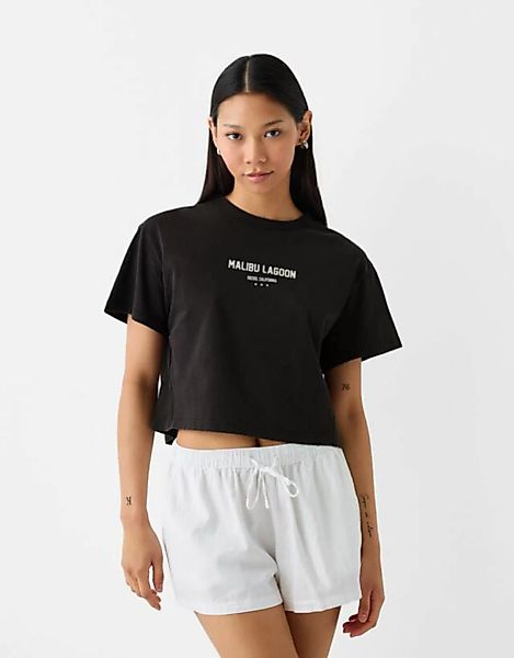 Bershka Cropped-T-Shirt Mit Kurzen Ärmeln Und Print Damen L Grau günstig online kaufen