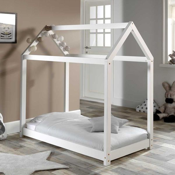 Kinderzimmerbett Hausform in Weiß Kiefer Massivholz günstig online kaufen