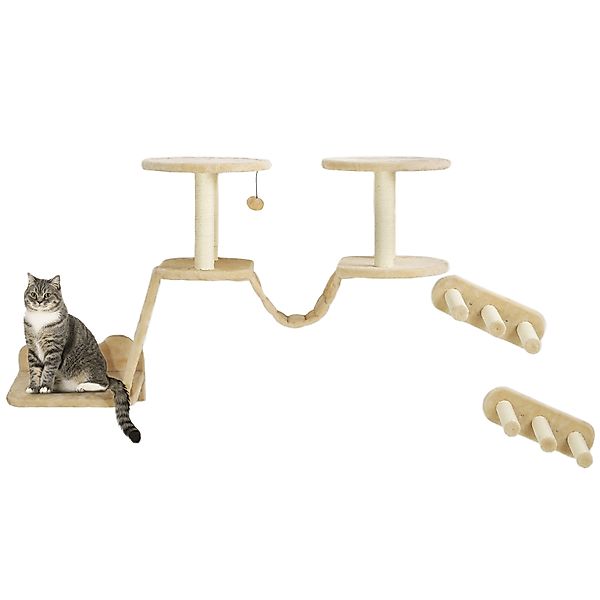 PawHut Katzen Kletterwand Set, 3-teilig Katzenmöbel mit Kratzbaum, Sitzstan günstig online kaufen