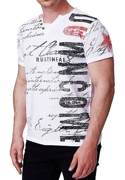 R-NEAL T-Shirt T-Shirt V-Neck mit Knopfleiste Verwaschen & Bedruckt Logo Pr günstig online kaufen