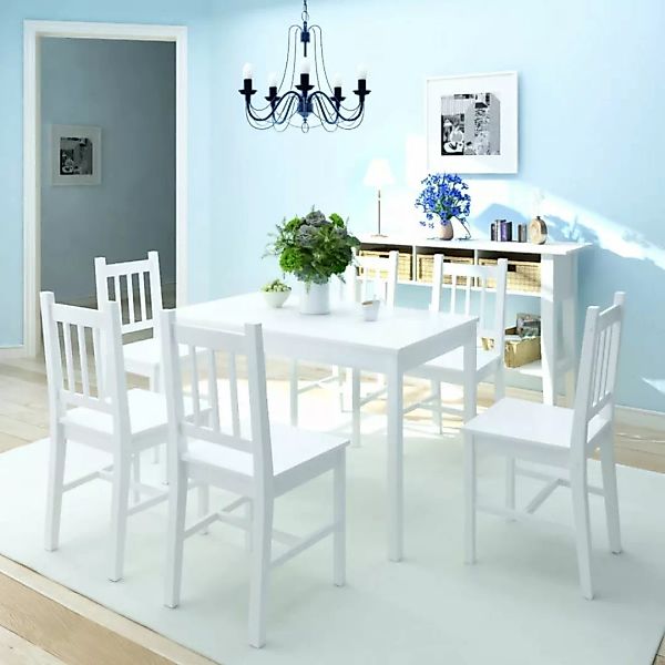 Siebenteiliges Esstisch-set Pinienholz Weiß günstig online kaufen
