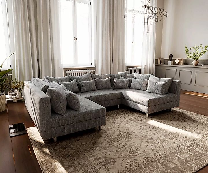Wohnlandschaft Clovis Hellgrau Strukturstoff Modulsofa günstig online kaufen
