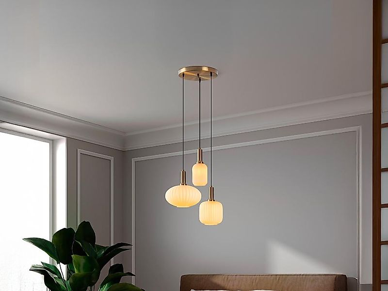 Pendelleuchte aus Metall - Goldfarben und Weiß - 3 Lampenschirme - H. 130 x günstig online kaufen