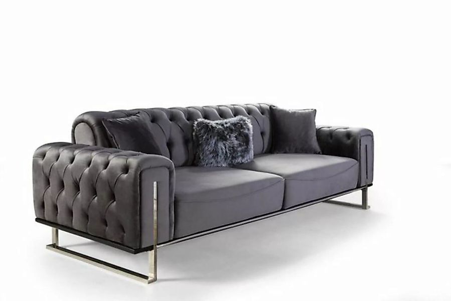 JVmoebel 3-Sitzer Chesterfield Sofa 3 Sitz Plätzer Grau Sofa Polster Textil günstig online kaufen