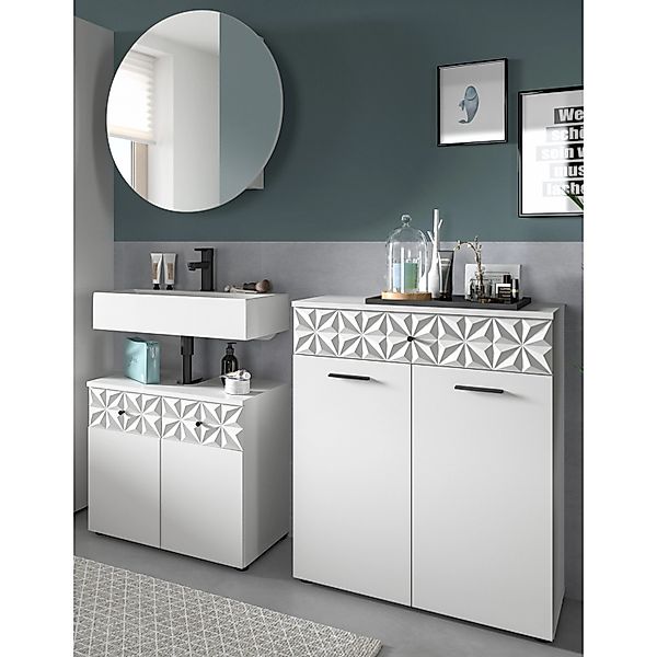 Inn.Furn Badmöbel Set in Weiß Hochglanz 3-teilig 155 cm Relief günstig online kaufen