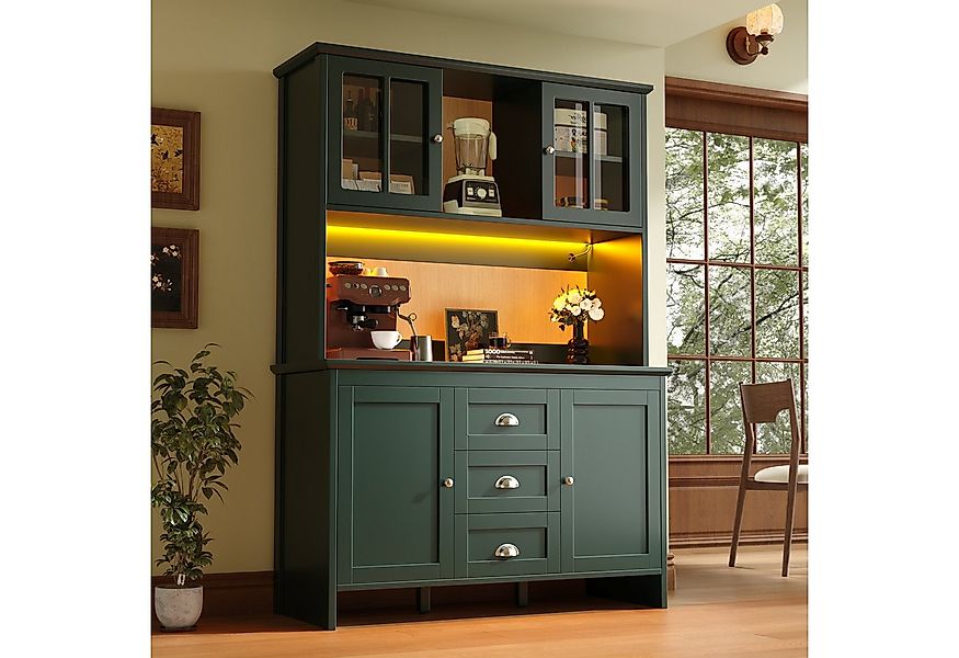MODFU Hochschrank Küchenschrank Sideboard (mit LED-Beleuchtung, braunen Gla günstig online kaufen