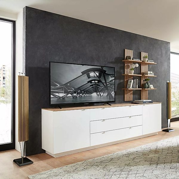 TV Sideboard Set mit Wandregalen Fernsehschrank weiß mit Eiche, Breite 240 günstig online kaufen