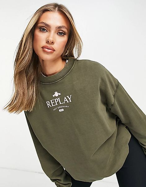 Replay – Tarnfarbenes Sweatshirt mit Logo vorne in Grün günstig online kaufen