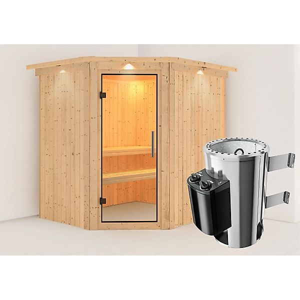 Karibu Sauna Livia mit Ofen integrierte Stg.LED-Dachkranz Natur günstig online kaufen