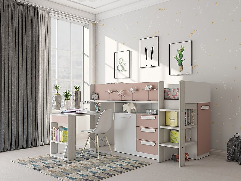 Hochbett mit Schreibtisch & Stauraum - 90 x 200 cm - Rosa, Naturfarben & We günstig online kaufen
