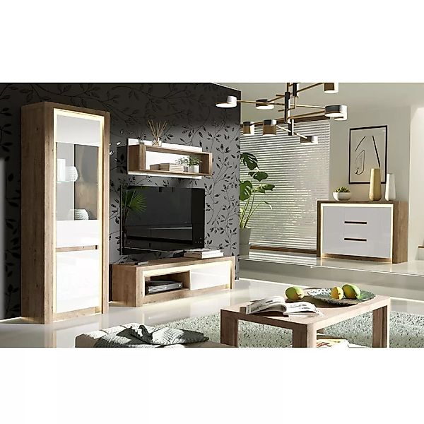 Wohnzimmermöbel Set 5-teilig mit Couchtisch modern in Eiche mit weiß LATINA günstig online kaufen