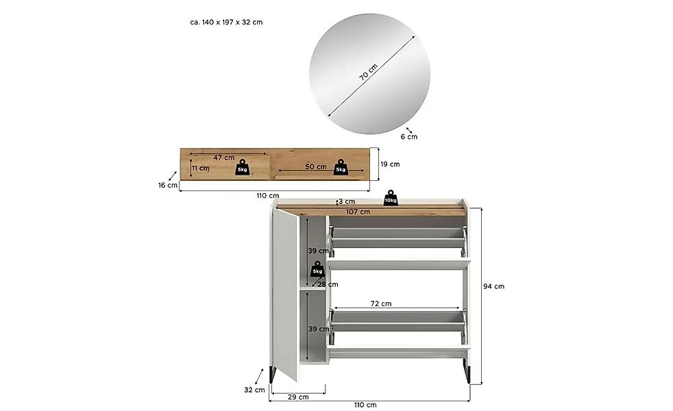Garderobenkombination   ¦ weiß ¦ Maße (cm): B: 197 H: 140 Garderoben & Klei günstig online kaufen