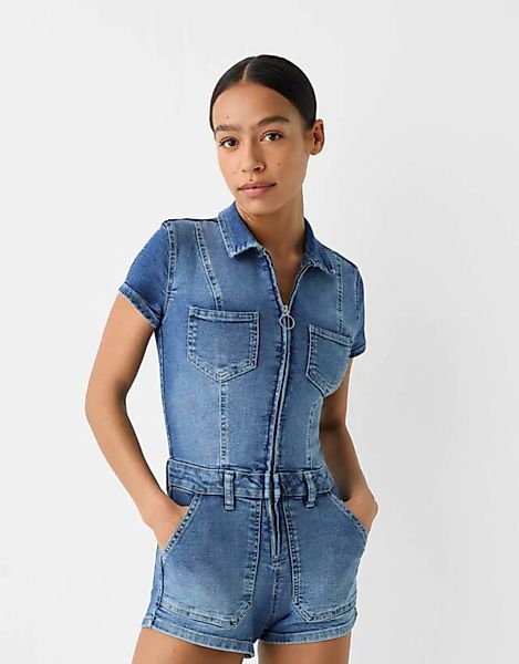Bershka Kurzer Jeans-Jumpsuit Damen M Ausgewaschenes Blau günstig online kaufen