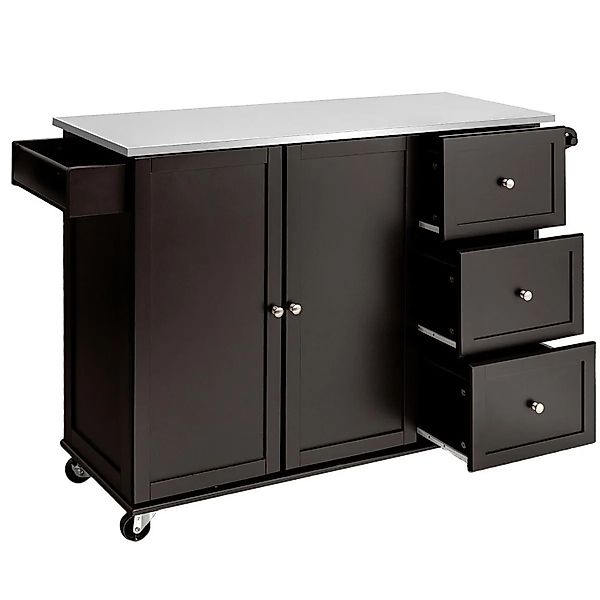 Costway Küchenwagen Edelstahlplatte 3 Schubladen Braun günstig online kaufen