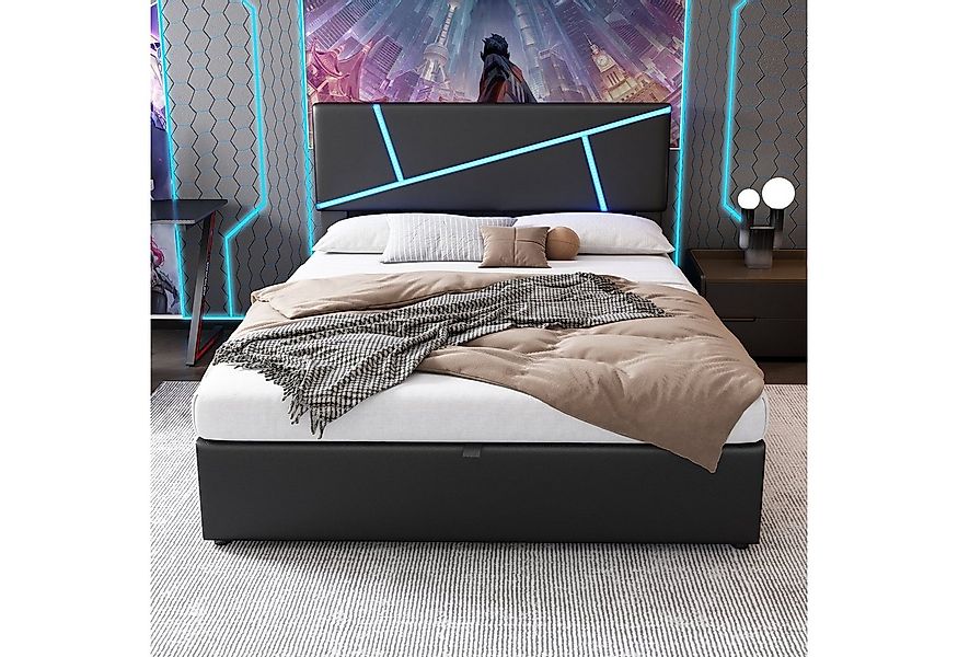 Flieks Polsterbett, LED Beleuchtung hydraulisches Stauraumbett 140x200cm Ku günstig online kaufen