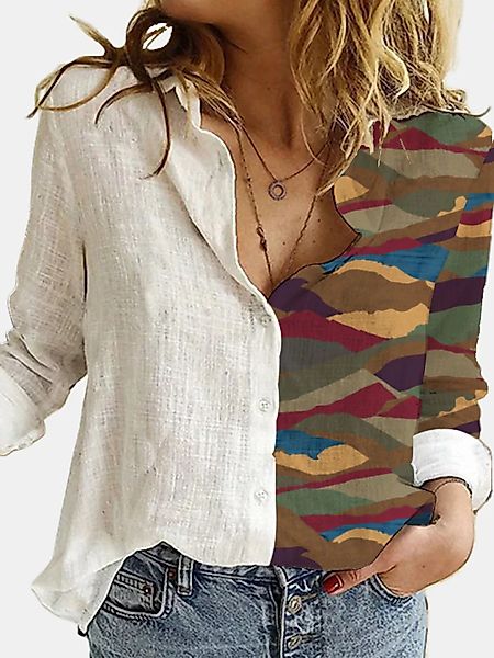 Print Patchwork Button Revers Kragen Shirt für Damen günstig online kaufen