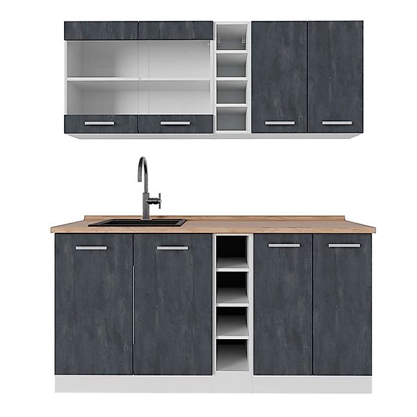 Vicco R-Line Mini-Küche Schwarz Beton/Weiß 160 cm AP Eiche günstig online kaufen