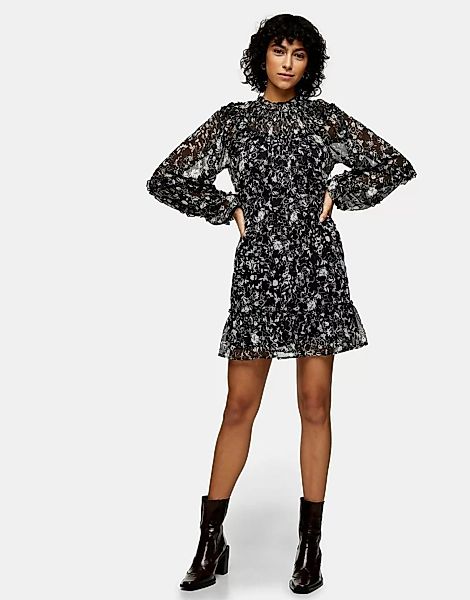 Topshop – Schwarz-weißes Minikleid mit Raffungen-Mehrfarbig günstig online kaufen