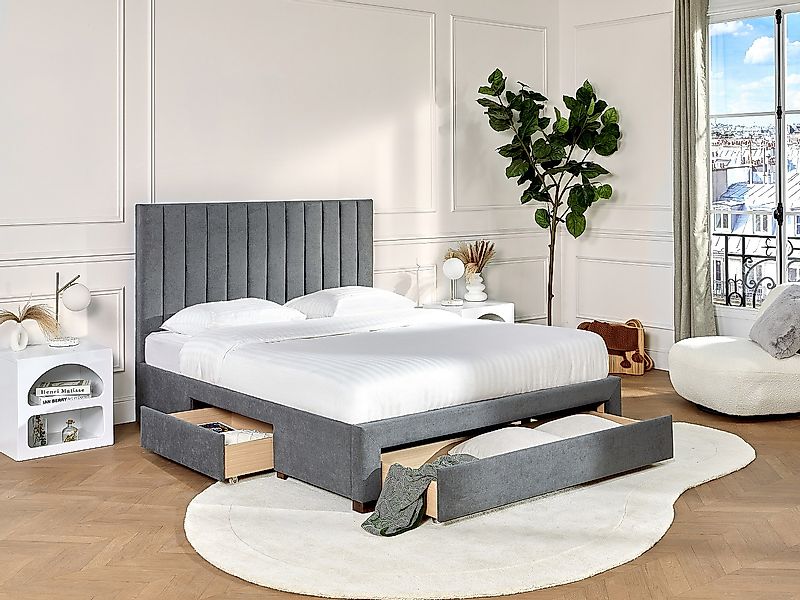 Bett mit 3 Schubladen 160 x 200 cm - Stoff - Grau + Matratze - LIAKO günstig online kaufen