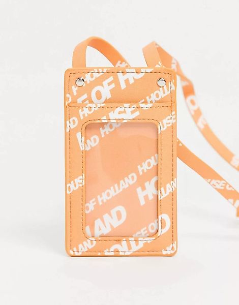 House of Holland – Schlüsselband mit Kartenhalter in Orange mit Logo-Print günstig online kaufen