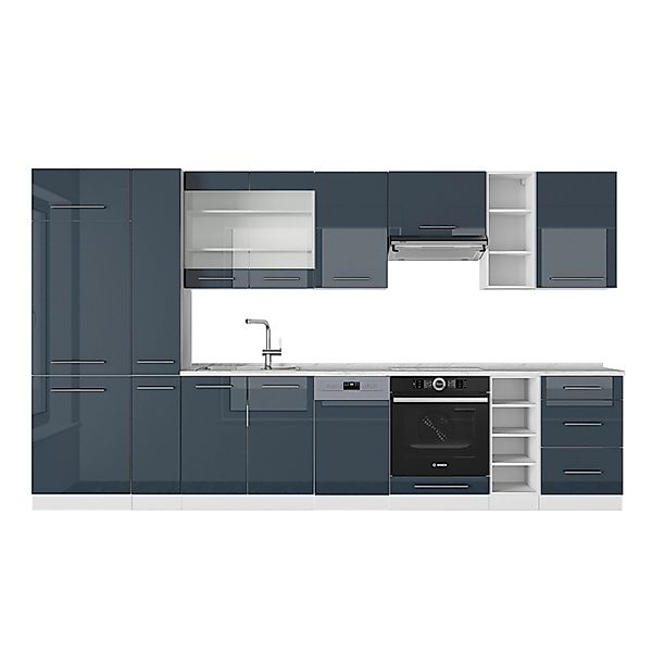 Vicco Fame-Line Küchenzeile Dunkelblau Hochglanz/Weiß 355 cm AP Marmor günstig online kaufen