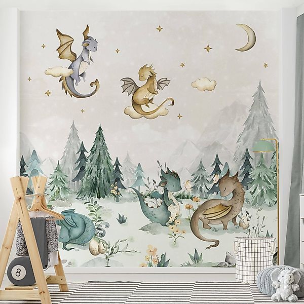 Bilderdepot24 Kindertapete Drachen Aquarell Wald Illustration günstig online kaufen