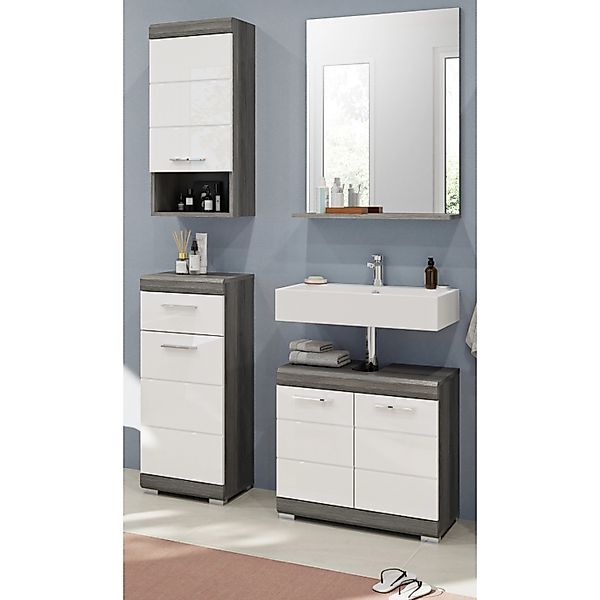 Inn.Furn Badmöbel-Set Weiß Hochglanz Grau 4-teilig 112 cm 7 Fächer Shawn günstig online kaufen