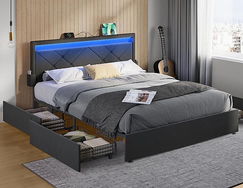 VASAGLE Polsterbett (160 x 200 cm, 4 Schubladen, verstellbares gepolstertes günstig online kaufen