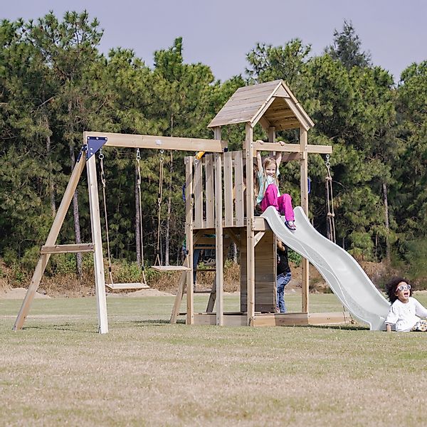 Axi Spielturm Moos mit Doppelschaukel Braun und Rutsche Weiß FSC® günstig online kaufen