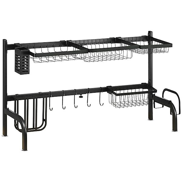 HOMCOM Abtropfgestell Geschirr  2-Stufig 51-93 cm mit Haken Stahl Schwarz günstig online kaufen
