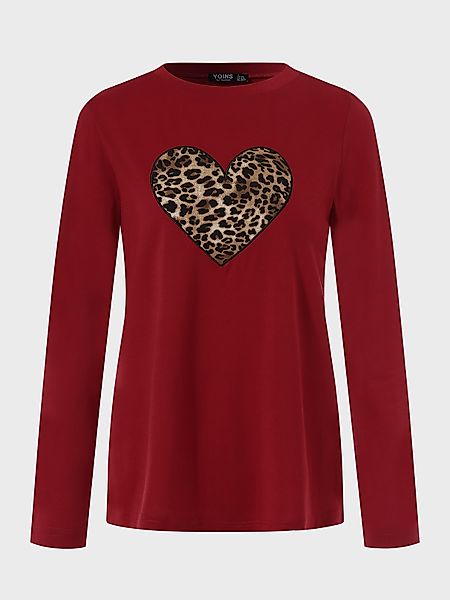 YOINS Rotes Leoparden-Herz-Print-Langarm-T-Shirt mit Rundhalsausschnitt günstig online kaufen
