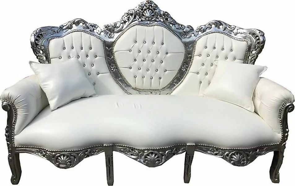 Casa Padrino 3-Sitzer Barock 3er Sofa King Weiß Lederoptik / Silber mit Bli günstig online kaufen