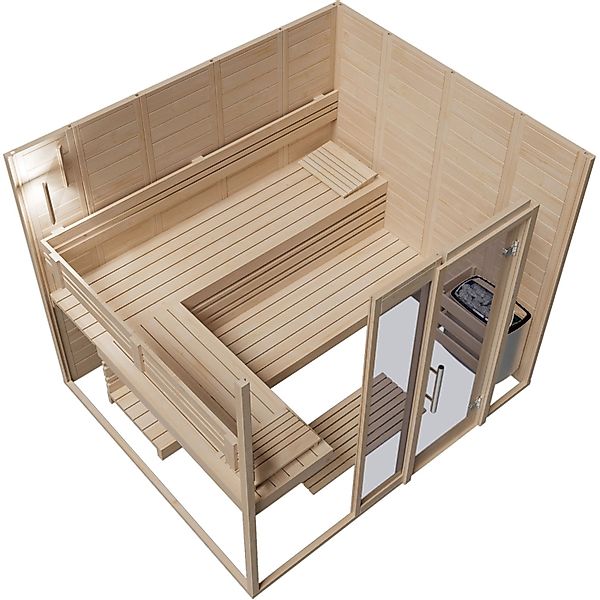 Eilo Sauna EL-BE 40-2121 Blockbohlen-Elementbauweise mit Glastür & Seitente günstig online kaufen