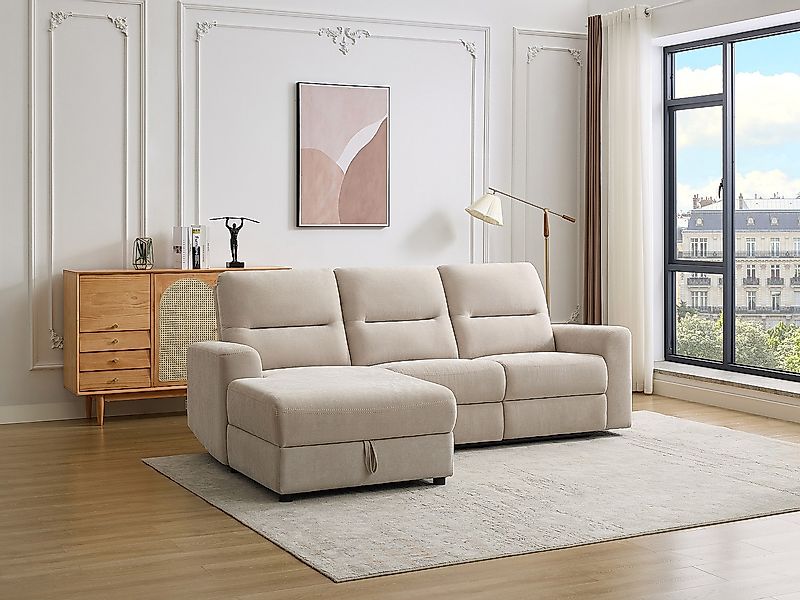 Eckrelaxsofa elektrisch mit Stauraum - Ecke links - Stoff - Beige - BURIOCA günstig online kaufen