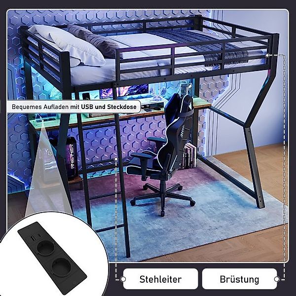 Flieks Hochbett LED Metallbett 90x200cm mit Schreibtisch und Aufladenfunkti günstig online kaufen
