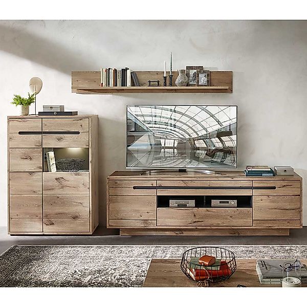 Wohnzimmerwand modern 3-teilig in Wildeichefarben LED Beleuchtung (dreiteil günstig online kaufen