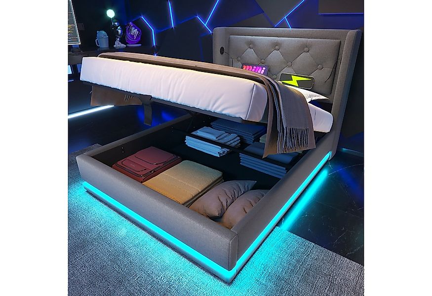 Flieks Polsterbett, LED Hydraulisches Stauraumbett Einzelbett 90x200cm mit günstig online kaufen