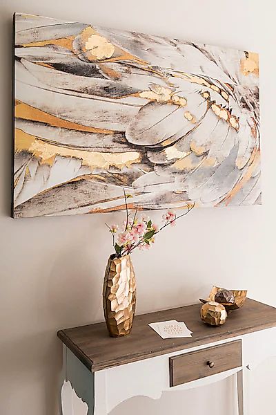 Myflair Möbel & Accessoires Ölbild »Gemälde Federn, weiß/goldfarben«, Bild günstig online kaufen